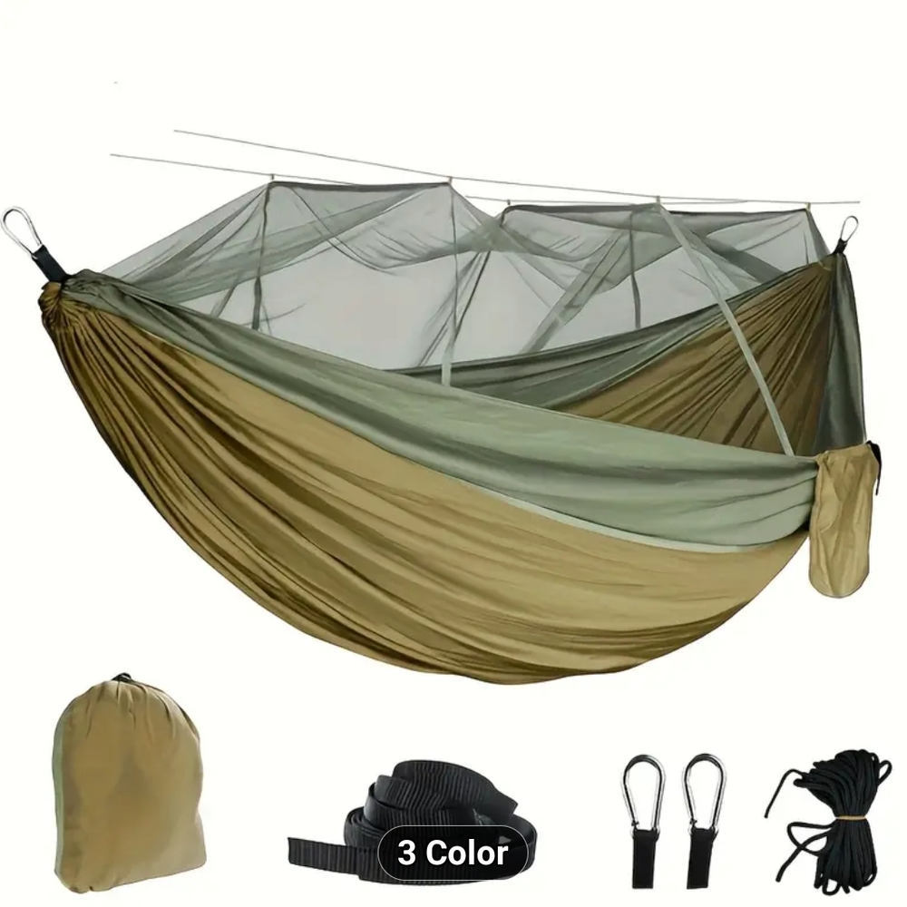 Outdoor Camping Hammock with Mosquito Net - Green and Tan